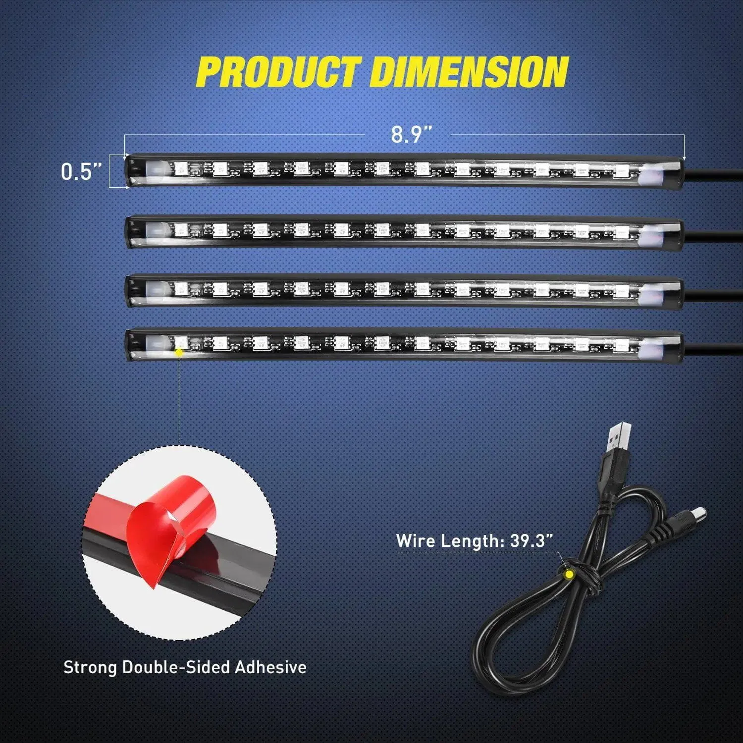 48Leds RGB USB Interior Light Strip Remote Control 4PCS