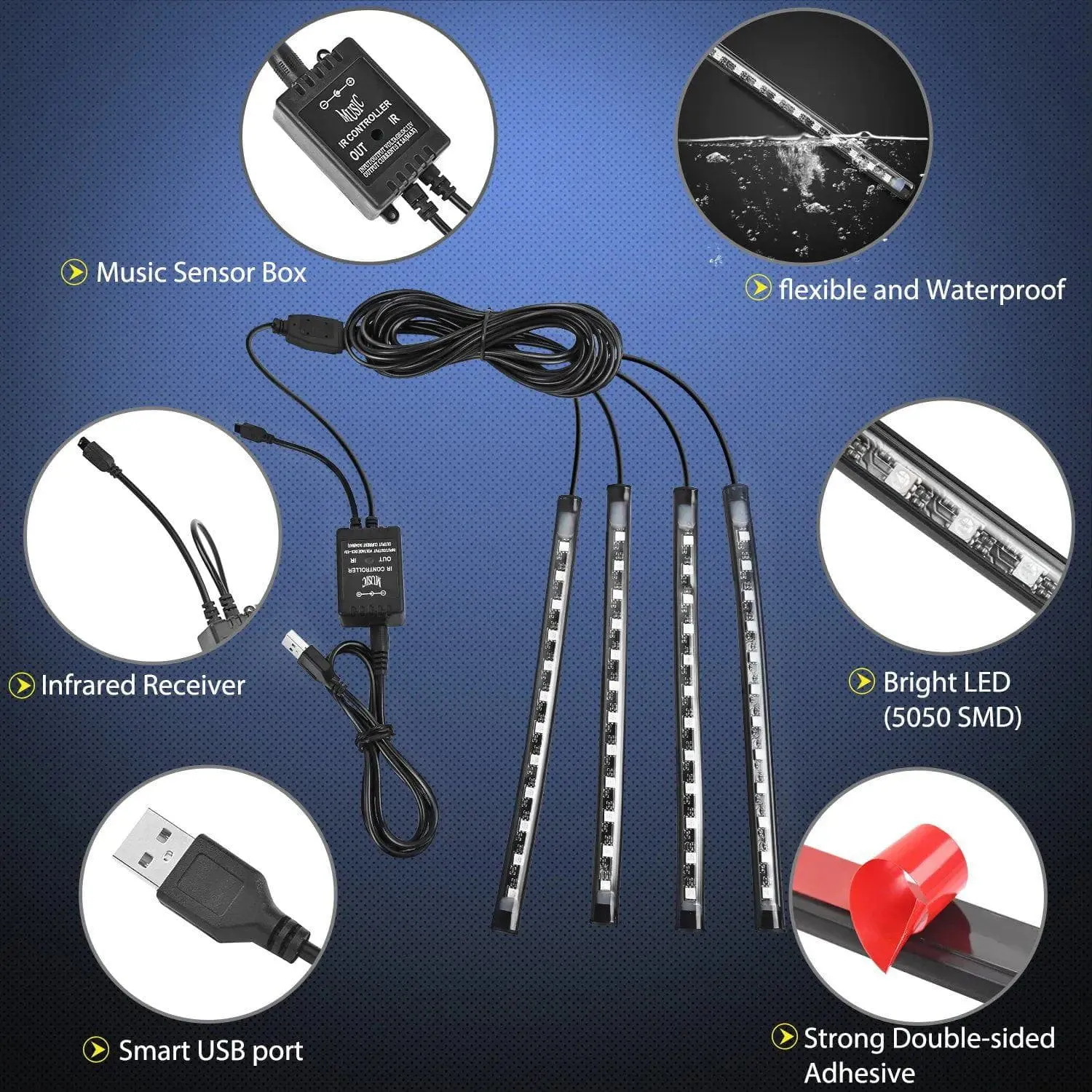 48Leds RGB USB Interior Light Strip Remote Control 4PCS
