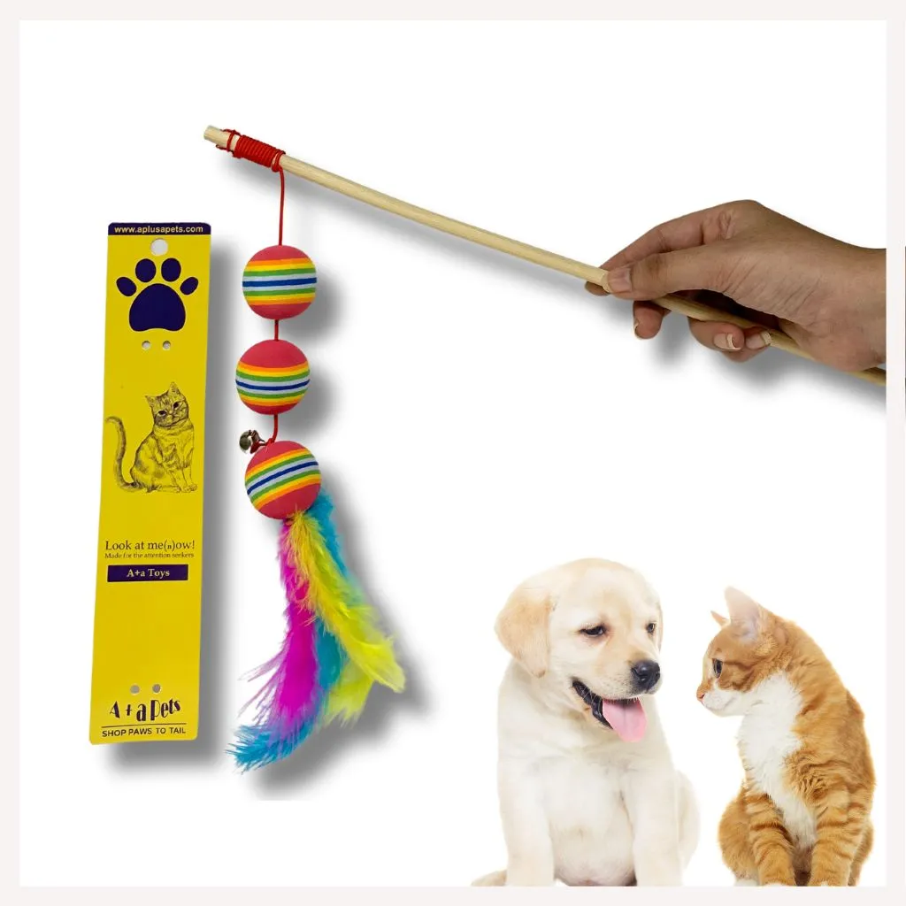 A a Pets' Cat Wand Teaser Interactive Toy with Retractable Ball Feather Play - Red