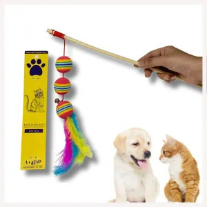A a Pets' Cat Wand Teaser Interactive Toy with Retractable Ball Feather Play - Red
