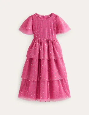 Foil Star Tulle Dress-Sweet William Pink