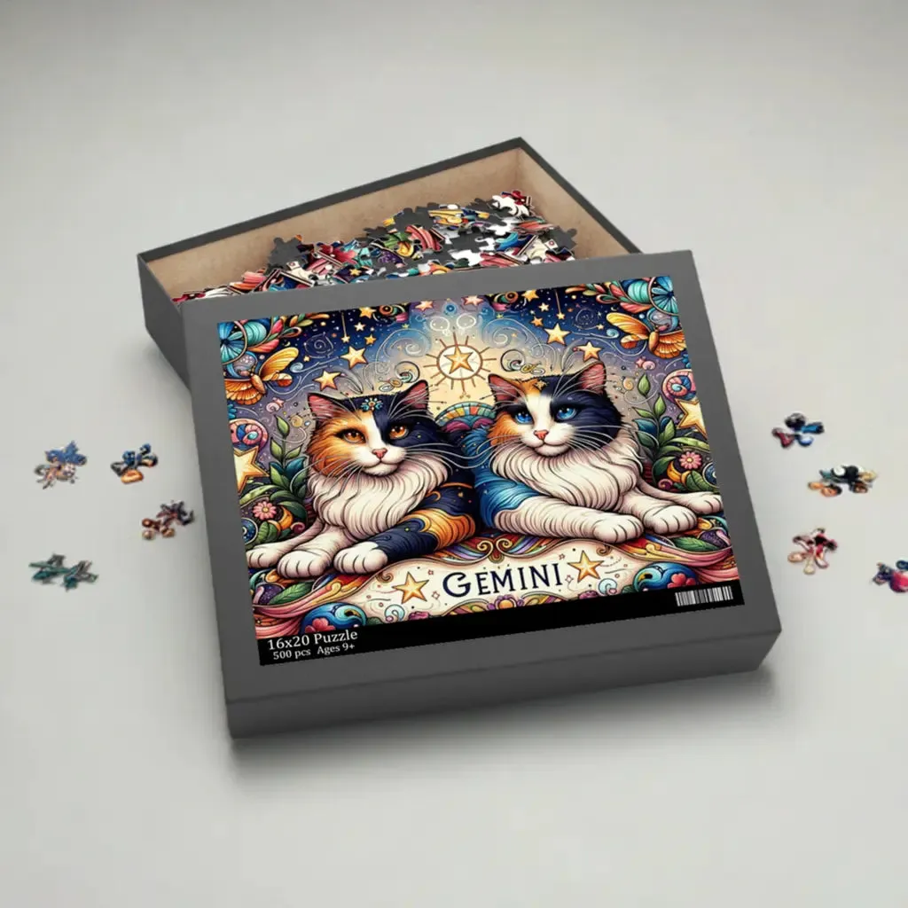 Gemini Zodiac Birthday Puzzle - Cat Lover Gift 120, 252, or 500 -piece options
