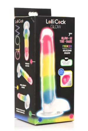 Lollicock 7" Glow- in- the- Dark Rainbow Silicone Dildo w/ Balls Rainbow